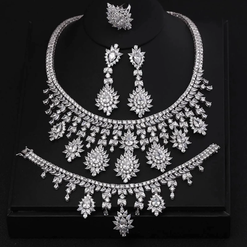 Блестящий Кристалл Циркон серьги и ожерелье браслет кольца полный набор