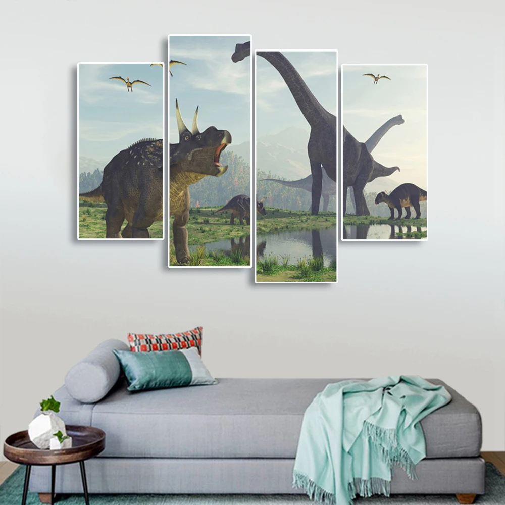 Laeacco Canvas Painting Calligraphy Jurassic World Dinosaur 4 Panel Wall Artwork Posters and Prints Home Decoration Pictures | Дом и сад