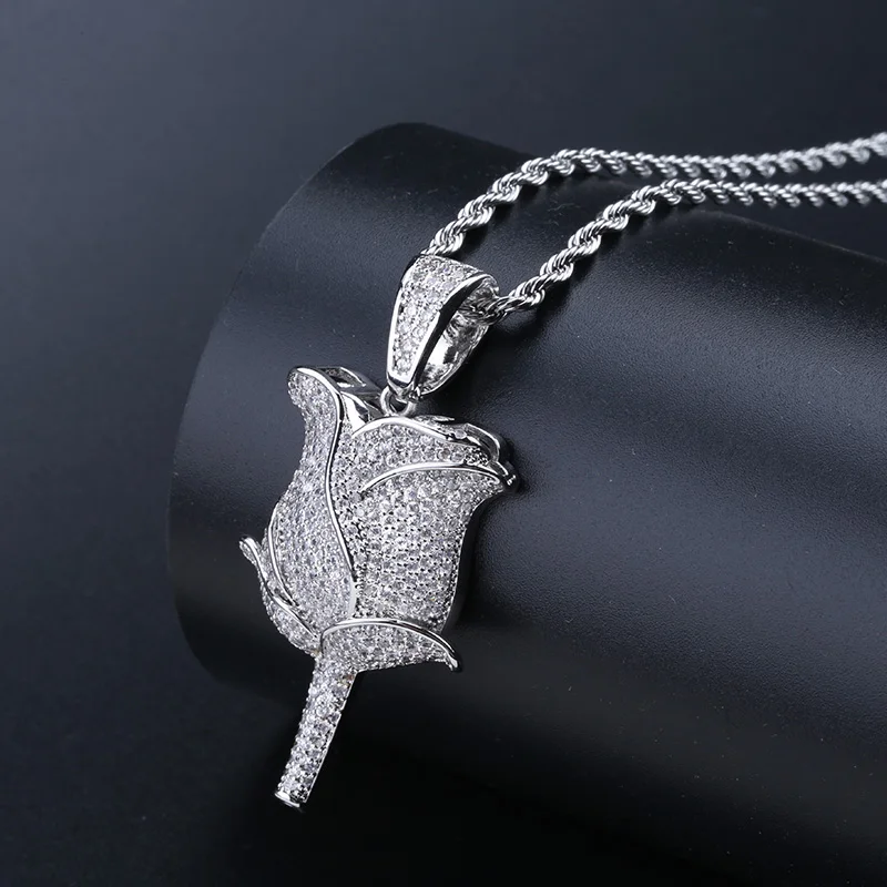 Elegant white Rose Pendants Necklaces for Women Micro Paved AAA CZ Stone Bling Ice Out Men Hip Hop Rapper Jewelry Party Gift | Украшения и