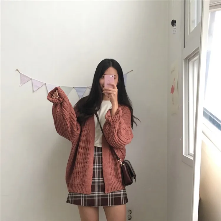 Осенний вязаный свитер Harajuku, Свободный теплый кардиган, женская одежда, повседневное зимнее пальто с длинным рукавом, модное однотонное пальто