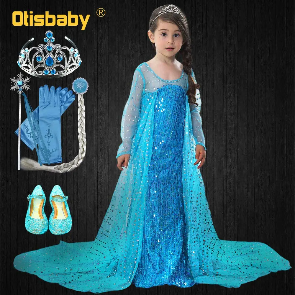 

Baby Girls Elsa Dress Floor Length Princess Birthday Party Ball Gown Children Snow Queen Sequins Tulle Dress with Long Cloak