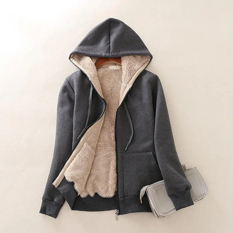 Dark grey Осень Зима плюс бархатная Толстовка ягненка женская негабаритная толстовка с капюшоном куртка с длинным рукавом Толстовка с длинным рукавом куртка с капюшоном Q1729 - Цвет: Dark grey