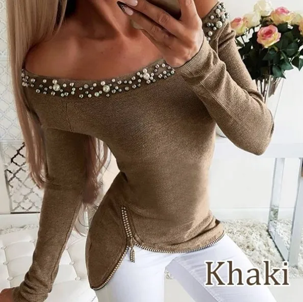 khaki Новинка, женские осенние Топы серого и розового цвета с жемчужинами и бусинами, женские футболки с длинным рукавом и открытыми плечами, повседневные свободные женские футболки на молнии - Цвет: khaki