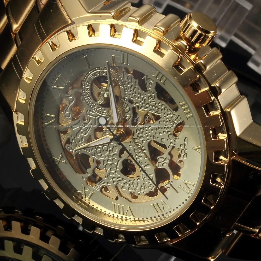 Часы наручные мужские механические со стальным ремешком золотистые 2016|watch stick|watch