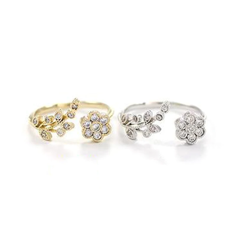 Korean Twisted Leaves Flower Rhinestone Open Ring Gold Silver Color Finger For Women Statement Adjustable Wholesale | Украшения и