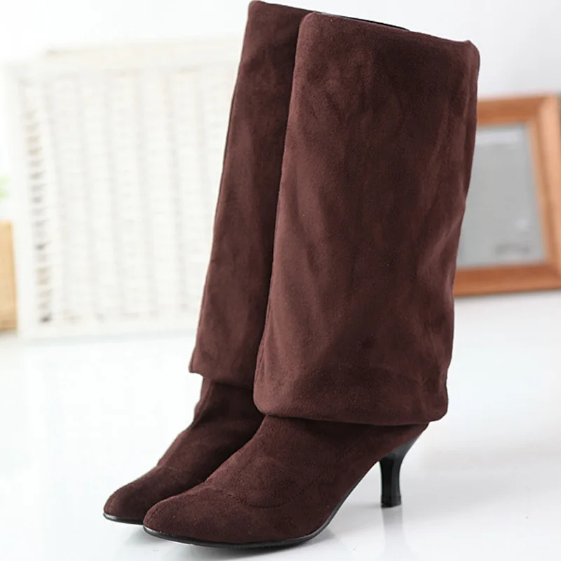 Популярные женские высокие сапоги из искусственной замши выше колена на низком