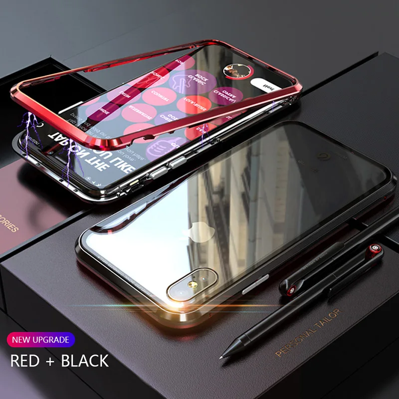 red and black CHYI 360 магнитный металлический чехол для iPhone X XS Max 8 Plus 7 закаленное стекло задняя крышка для iPhone 8 7 Plus сплав металлическая рамка обновление - Цвет: red and black