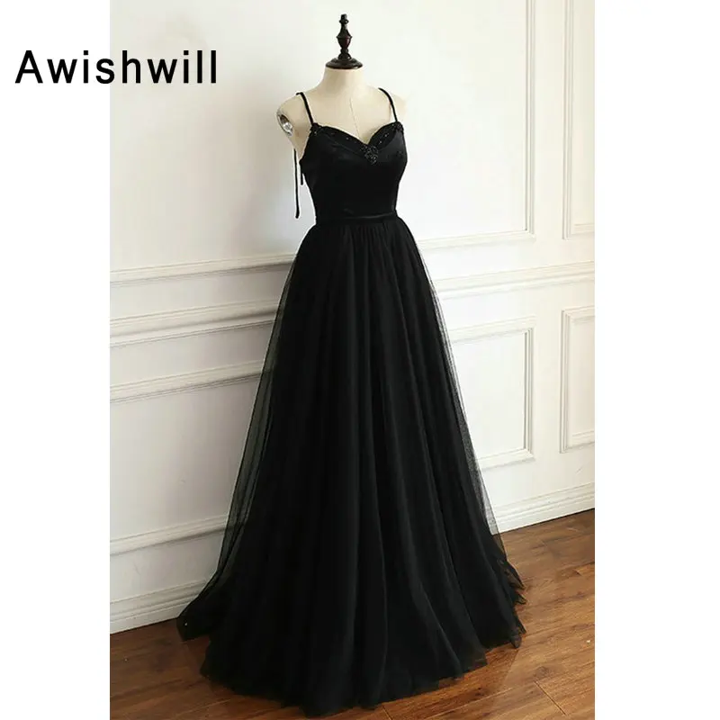 

Великолепное черное вечернее платье, вечернее платье на бретельках с открытой спиной и бисером, длинное платье из тюля, элегантное платье д...