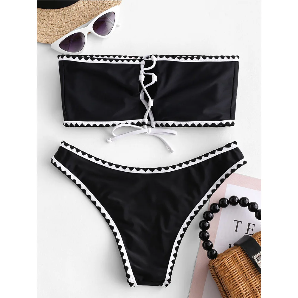 ZAFUL Bikini Embroidered Trim Lace Up Strapless Bikini Push Up Swimwear Sexy Swimsuit Bathing Suit Women Holiday Swimming Bikini