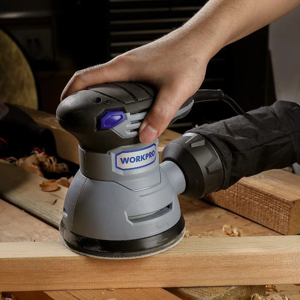 WORKPRO 300 Вт случайная шлифовальная машина с переменной скоростью случайная орбитальная шлифовальная машина с 10 шт. наждачной бумагой выхлоп пыли и гибридная Пылезащитная канистра