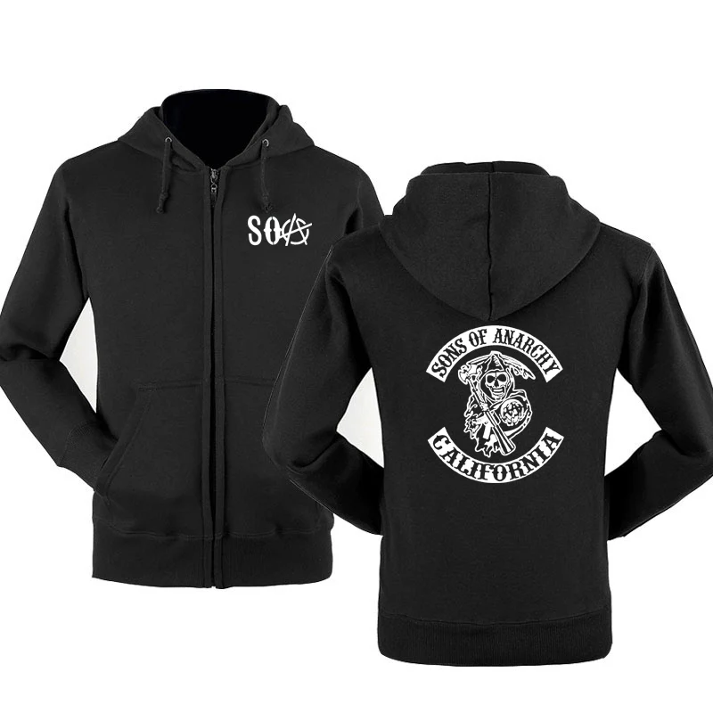 Черный SOA Sons of anarchy/Новая модная мужская спортивная одежда с капюшоном на молнии, мужская повседневная толстовка, флисовое теплое худи в стиле хип-хоп - Цвет: Черный