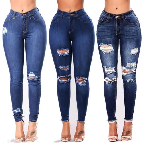 USA NEW Women Skinny Denim Pants High Waist Ripped Jeans Slim Pencil Trousers Women Denim Pants