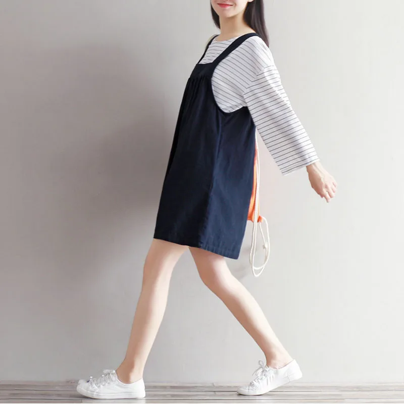 Женское платье Mferlier синее Плиссированное Хлопковое на тонких бретельках с