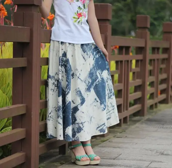 Linen skirt half-length full spring summer bust skirt bohemia skirt - expansion skirt blue