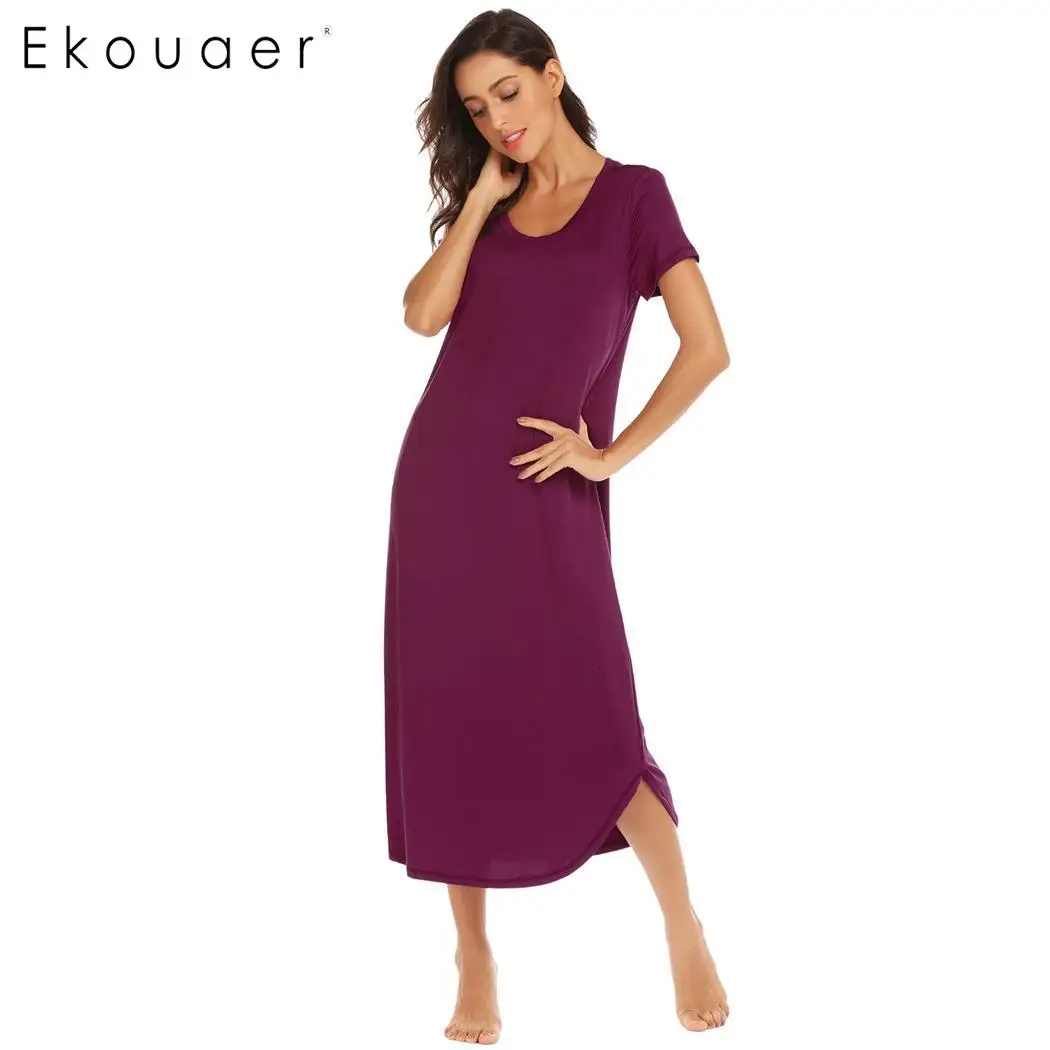 Purple Ekouaer повседневные длинные ночные рубашки, одежда для сна с круглым вырезом и коротким рукавом, Женская однотонная свободная ночная рубашка большого размера, одежда для отдыха, ночные рубашки - Цвет: Purple