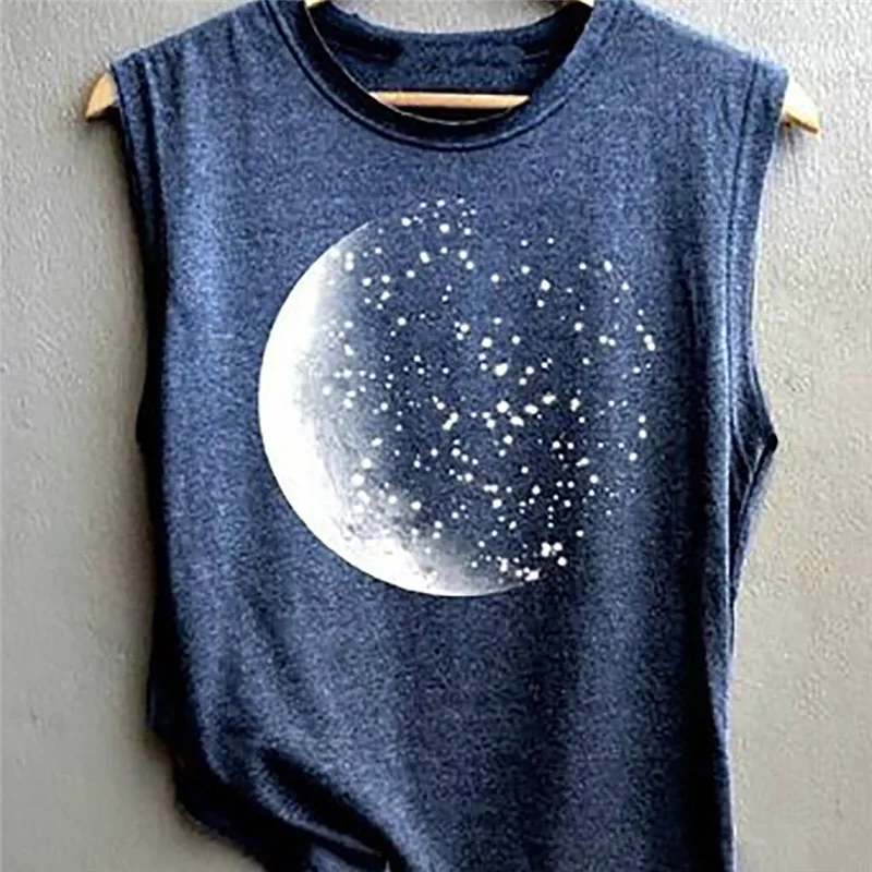 Женские топы на бретелях с принтом Хорошая луна серые круглым вырезом женские