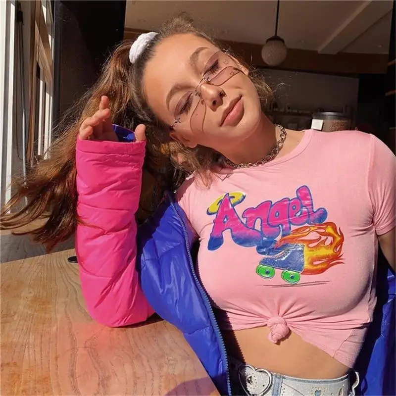 Pink Tshirt InstaHot Angel Printed Pink Short Sleeve T Shirts Women New Fashion Streetwear Sexy Cool Crop Tops Lady Tees Summer Style - Цвет: Pink Tshirt