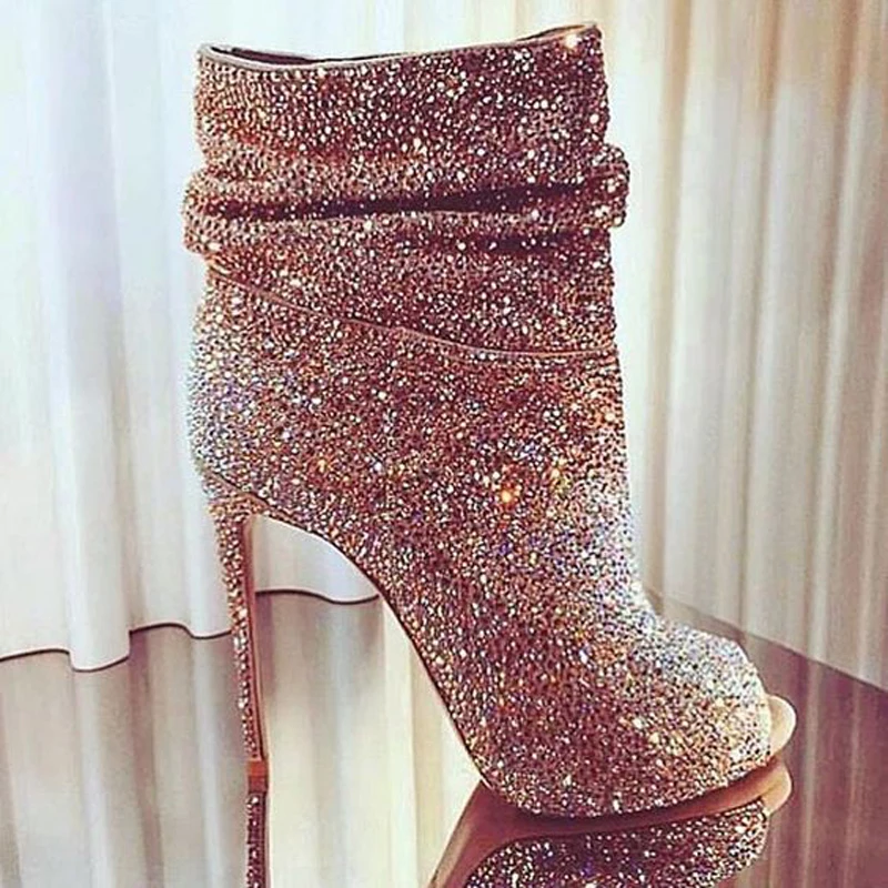 Hot Selling Women Fashion Open Toe Bling High Heel Rhinestone Ankle Boots Super Crystal Short Dress Shoes | Обувь