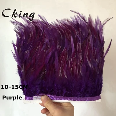Purple 10 метров белый Куриный перо планки 10-15 см 4-6 дюймов DIY седло для петуха перо отделка бахромой пришит на атласной лентой ремесла - Цвет: Purple