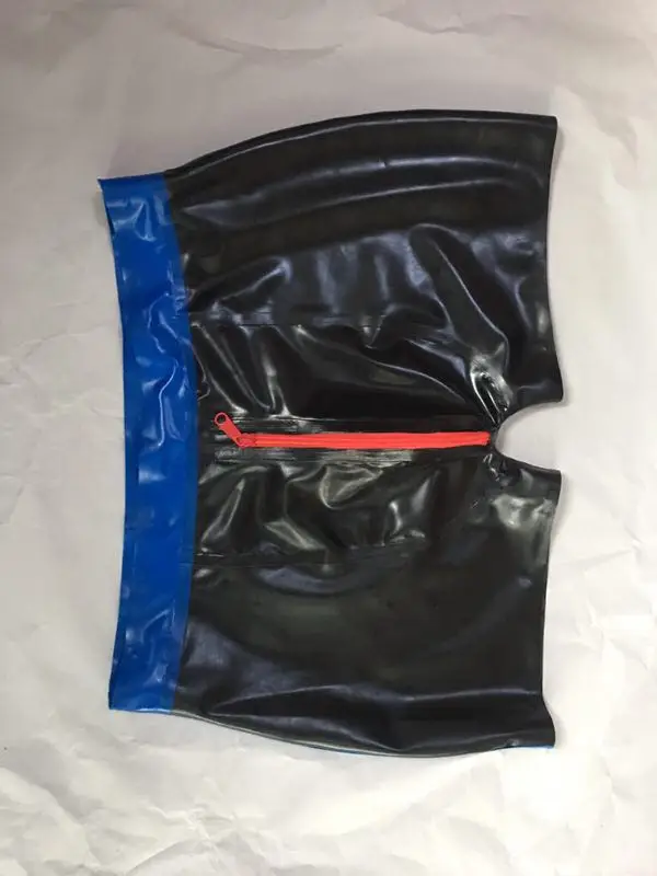 black w blue waist Латексные шорты коробки Фетиш трусы Бермуды мужские пенис мешок с молнией - Цвет: black w blue waist