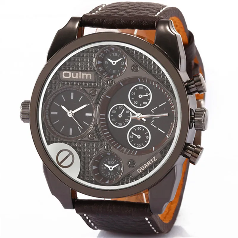 

Brand OULM Original Mens Watches for Big Wrist Leather Strap Japan movt Dual Quartz Fashion Casual Watch Relogio Masculino Marca