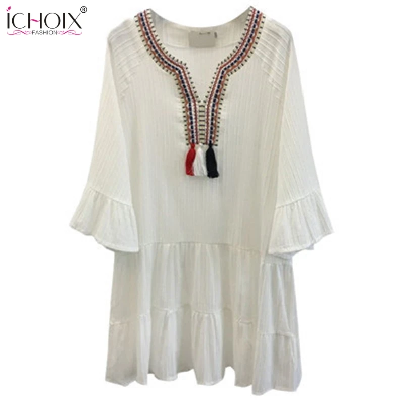 

ICHOIX Plus Size White Summer Dress bohemian Style Women a Line Dress Loose Casual Dress Flare Sleeve Tassel Beach Dresses 2019