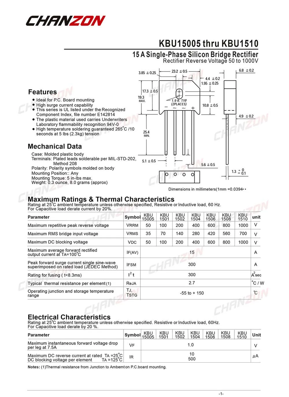 10 шт. KBU1510 мост Выпрямитель Диод 15A 1000 В KBU 4 (SIP 4) однофазный полная волна 15 Ампер