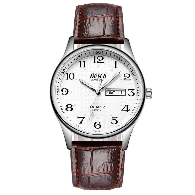 leather white BOSCK Новые горячие недели календарь Мужские часы Бизнес Классические водонепроницаемые светящиеся цифры Кварцевые наручные часы и часы - Цвет: leather white