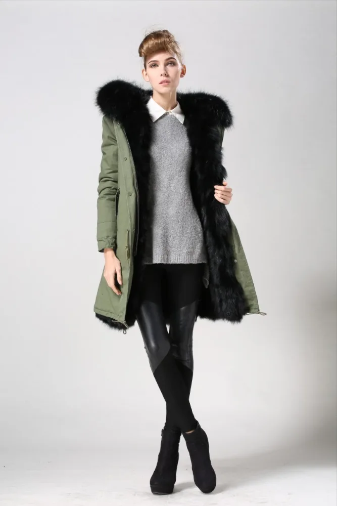 Зимняя Модная парка с искусственным мехом черного цвета зеленая/темно