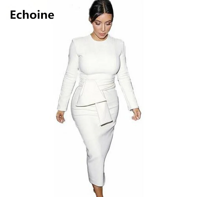 Женское облегающее платье с поясом Echoine белое элегантное средней длины длинным