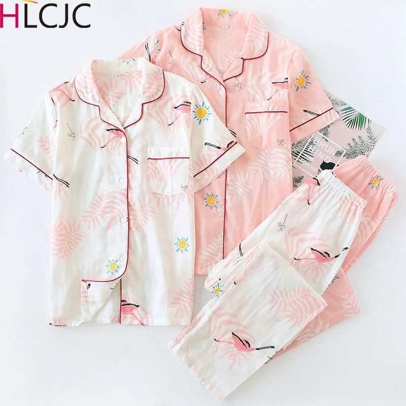 Летние Фламинго 100% марлевые хлопковые свежие пижамы для женщин с коротким