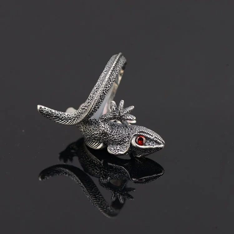 Кольцо Gecko из серебра 925 пробы с красным кубическим цирконием, Настоящее Серебро S925 пробы, тайское серебро, кольца для женщин и мужчин, ювелирное изделие, регулируемый размер
