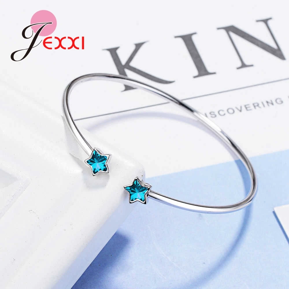 Cute High Quality Double Blue Stars CZ Crystal 925 Sterling Silver Opening Bangle For Woman Girls Vogue Engagement Gift | Украшения и