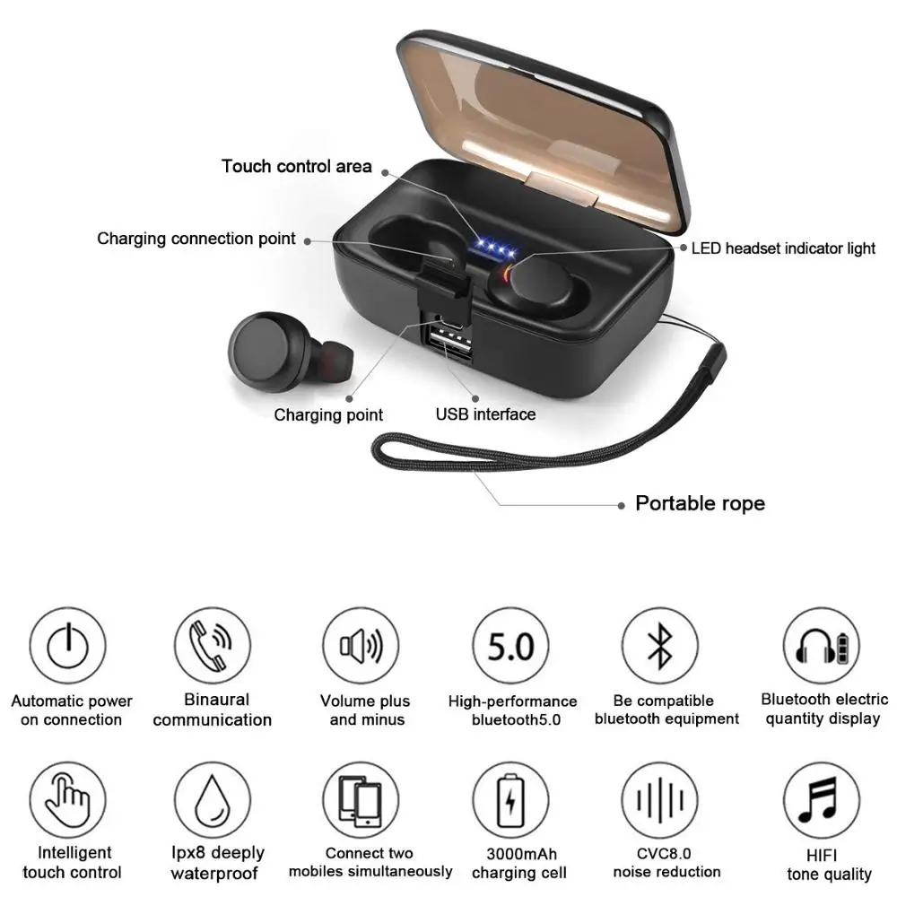 TWS True беспроводные Bluetooth наушники 5 0 дюйма гарнитура с микрофоном и 3000 мАч