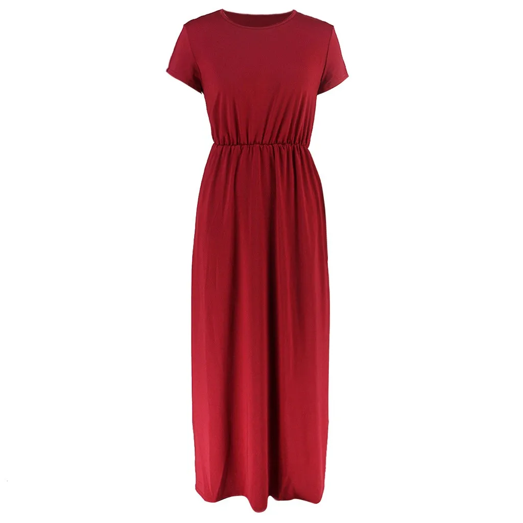 Простое однотонное платье с круглым вырезом женское летнее пляжное повседневное
