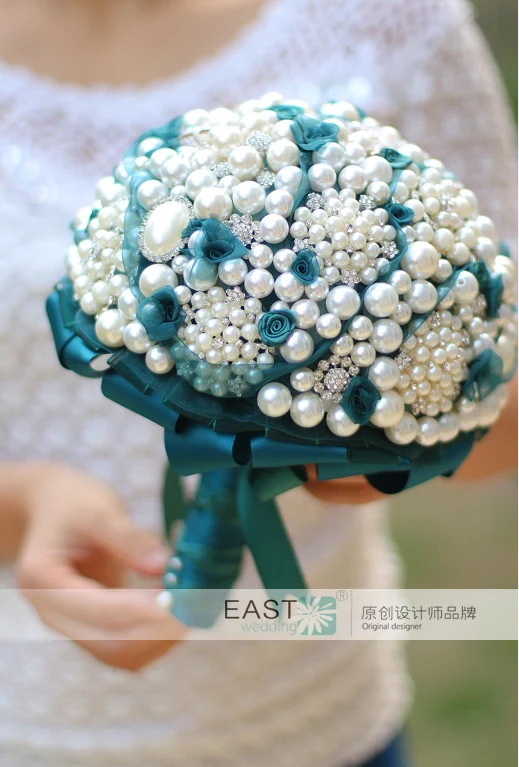 Бирюзовый синий жемчуг брошь букет невесты Кристалл Свадебный на заказ букеты |