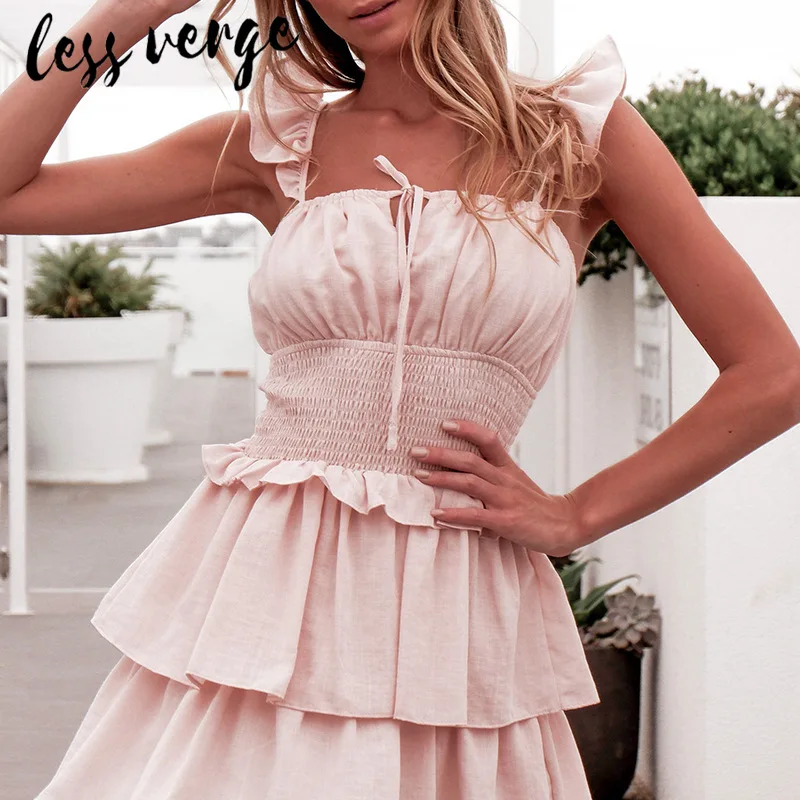 Lessverge с открытыми плечами оборками розовое платье для женщин Летнее кружевное