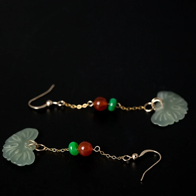 Серьги из натурального нефрита с изумрудным гранатом 14 к золотые серьги в