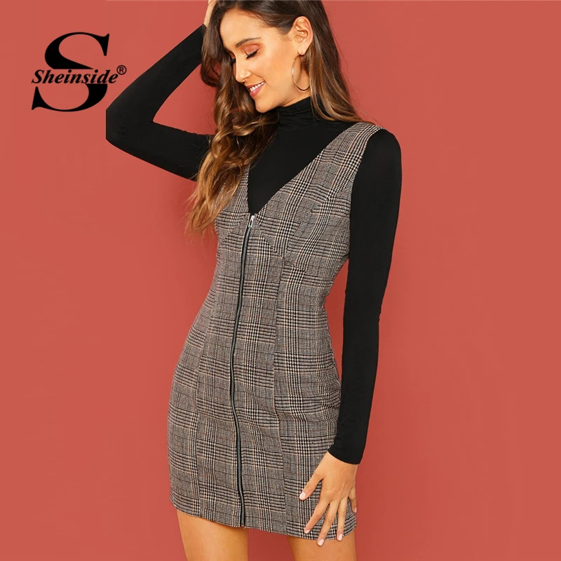 Sheinside кофейное женское летнее платье с глубоким v-образным вырезом элегантные женские платья без рукавов облегающее мини-платье на молнии
