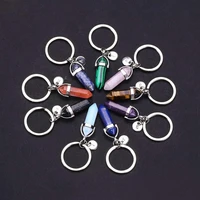 fashion hexagonal column natural stone keychain women quartz stone crystal key chains with letter charms jewelry friend gift