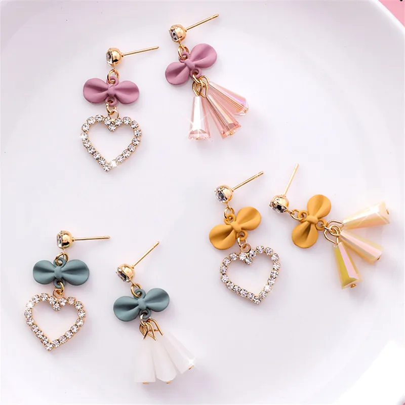 

Ajojewel Bowknot Design Asymmetrical Earrings Korean Crystal Tassel Heart Jewelry Women Accessories