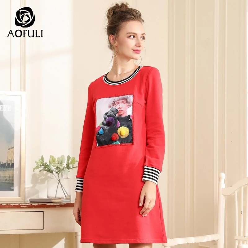 AOFULI L-XXXL 4XL 5XL красное женское хлопковое платье на осень и зиму с длинным рукавом