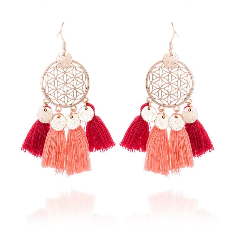 E020316 Gold color round sequins boho ethnic tassel drop earrings Women ladies fashion earring bohemia statement vintage wedding - Окраска металла: E020316