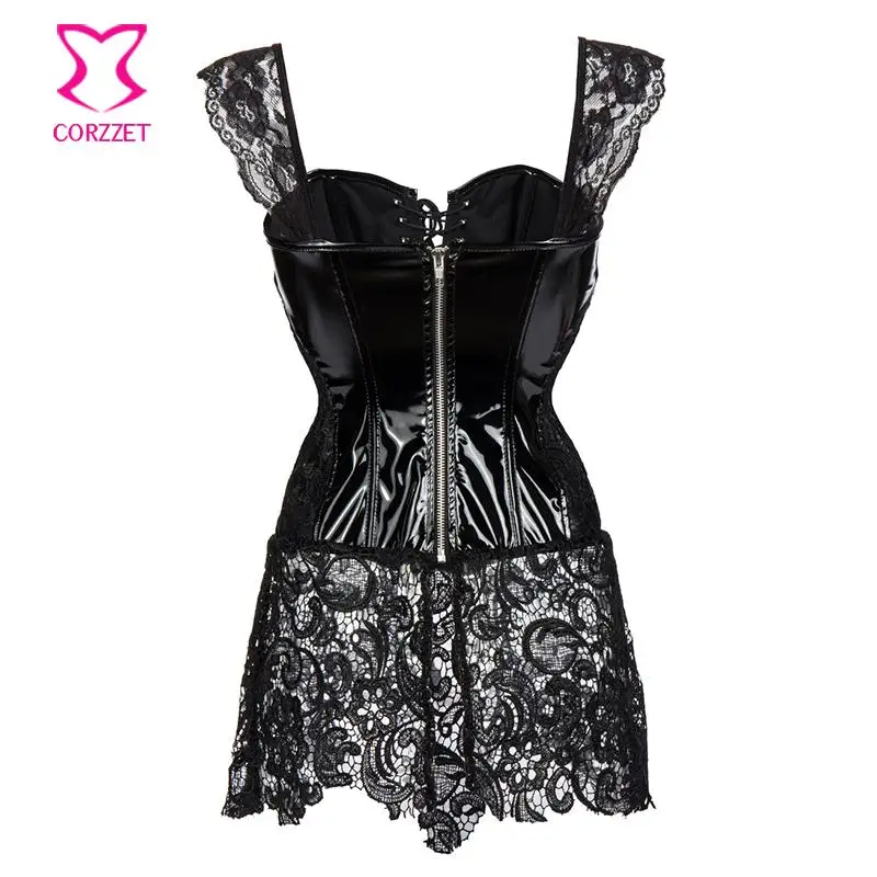 Черные ПВХ кожаные и цветочные кружевные ремешки 6XL Сексуальный Корсет