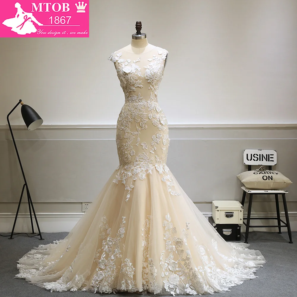 Дизайнерское сексуальное кружевное свадебное платье-Русалка цвета шампанского