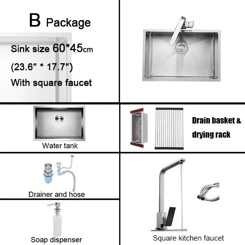 Package B 60*45 см кухонная раковина из нержавеющей стали с подкреплением одинарная чаша 23," уплотненный резервуар для воды матовый с сливной закрытый сеткой слив стойка - Цвет: Package B