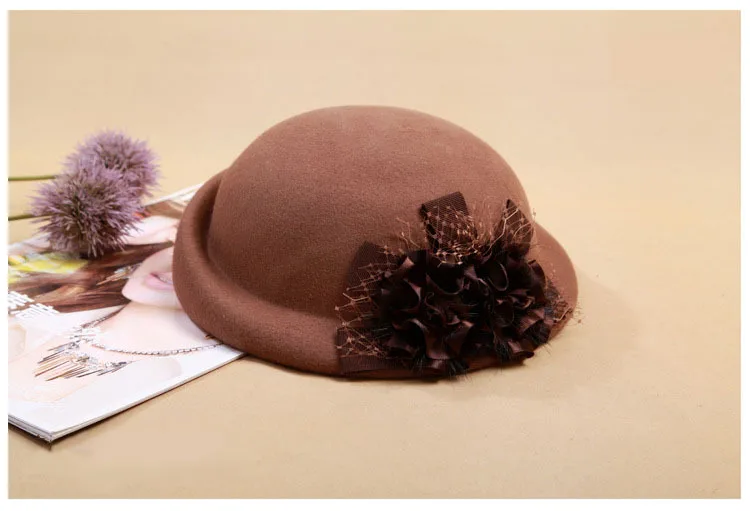 100% шерсть шляпы шапка с цветком модное зимнее женское пальто и шапки Сезон осень