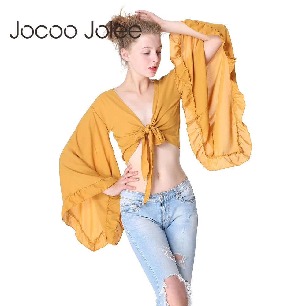 Женский укороченный топ с бантом Jocoo Jolee черный облегающий v образным вырезом и