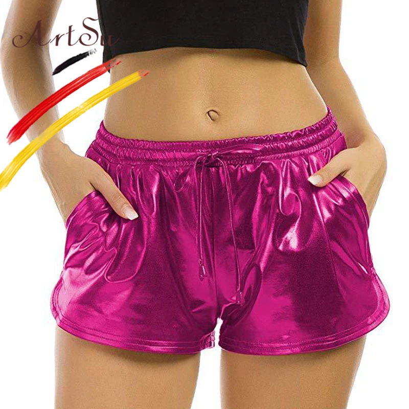 

ArtSu Women Sexy Silver Gold Club Shorts Ladies Elastic Waist Casual Hot Shorts Streetwear Cotton Red 2019 Summer Short Mujer