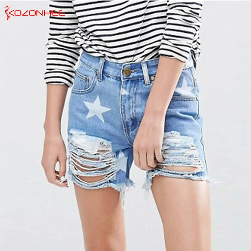 

Women Ripped Denim Shorts Women Sexy Hole White Star Frayed Edges High Waist Jeans casual Pockets Shorts